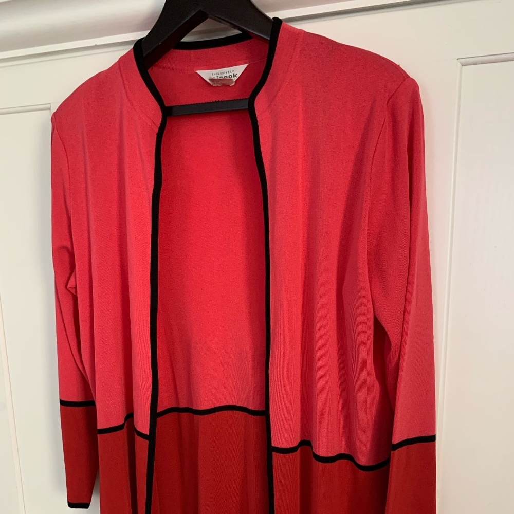 Misook Open Cardigan XL in Coral/Red with Black Trim